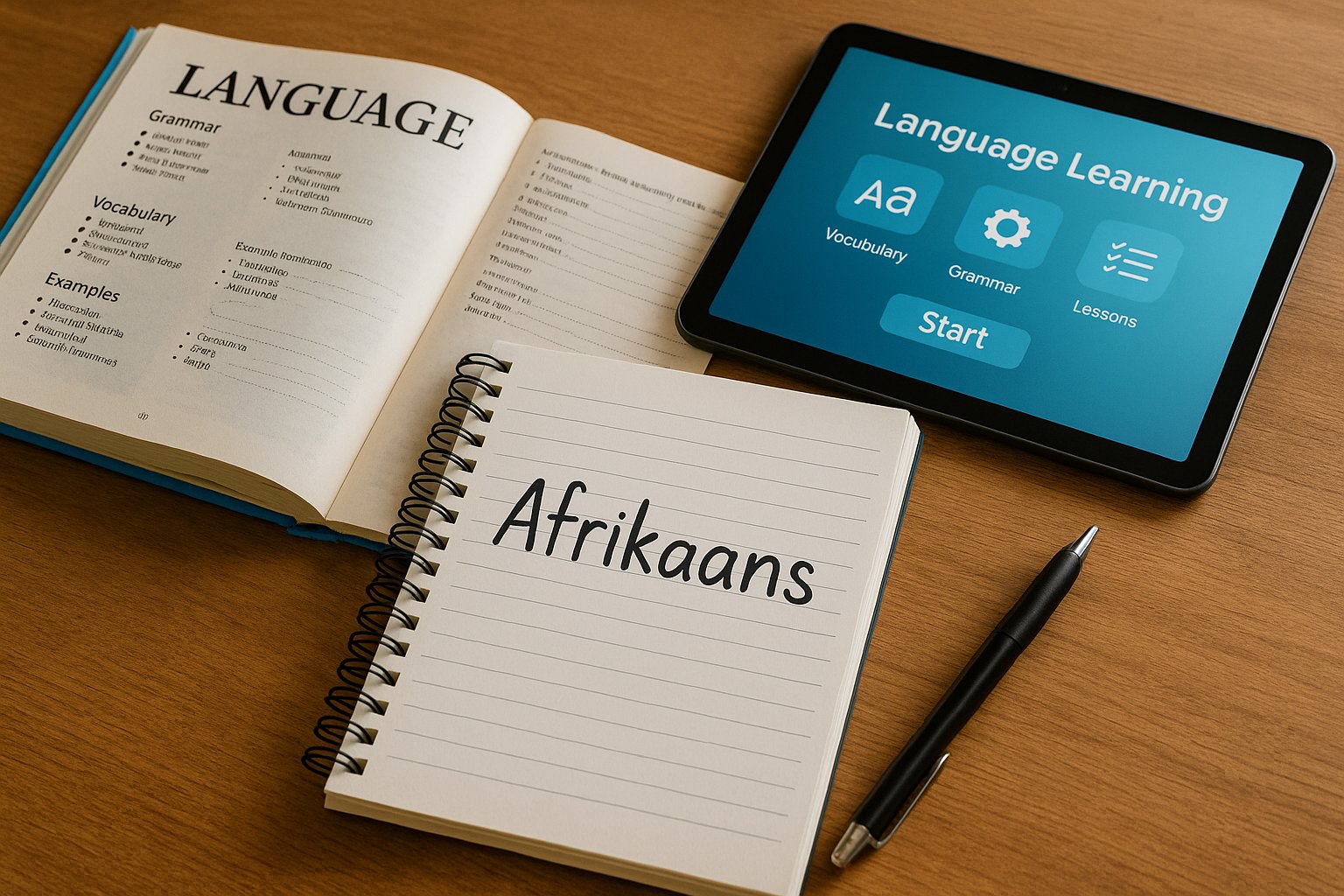 lara-sig-afrikaans studiematerial för afrikaans på en träyta i varma toner