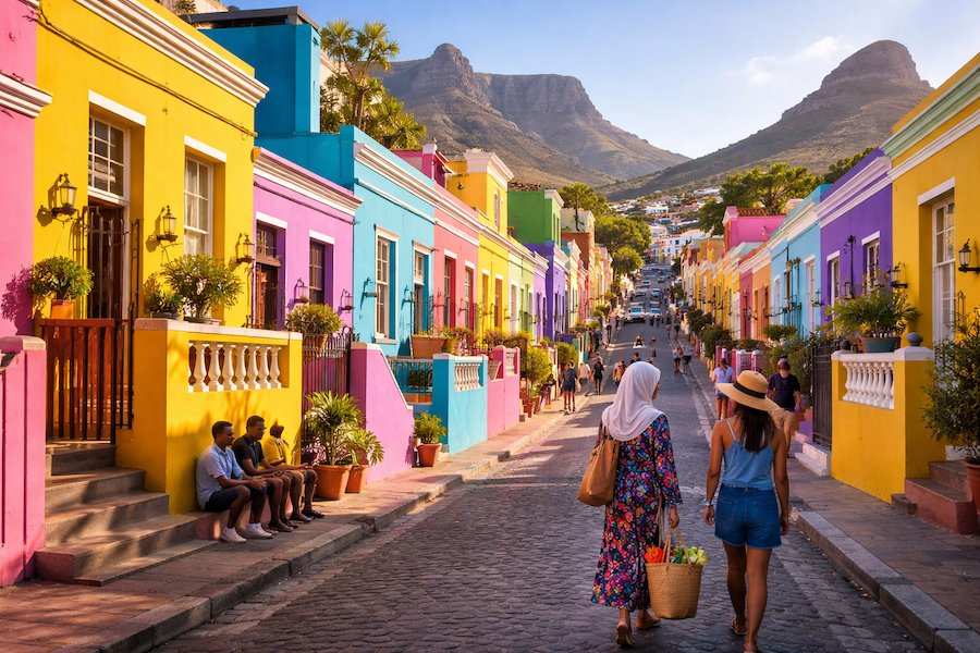 fargglada-hus-i-bo-kaap-i-kapstaden-med-kulturell-atmosfar-16×9 Färgglada hus i Bo-Kaap i Kapstaden längs en kullerstensgata med levande kulturkänsla och bergen i bakgrunden.